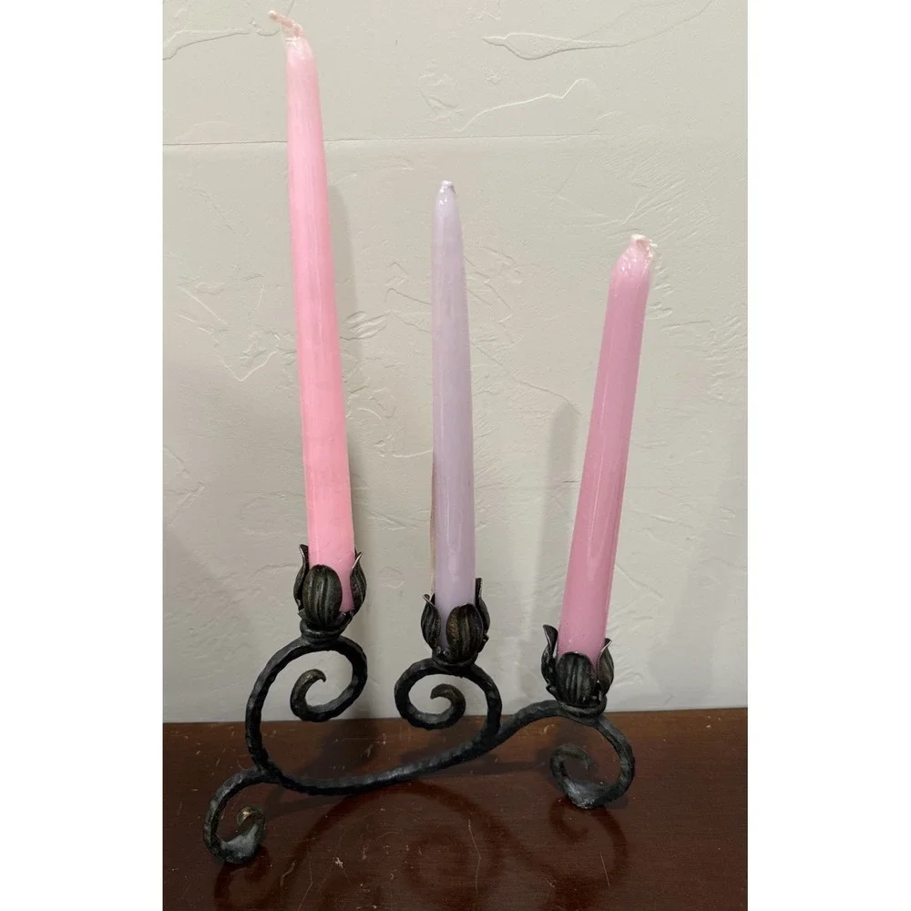 Metal Cast Iron Rose Candleholder  With 3 Flower‎ Buds Vintage